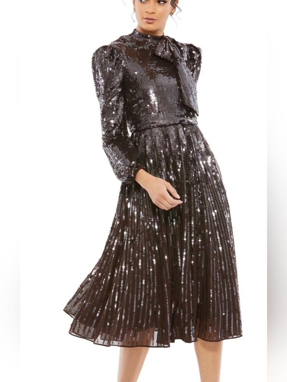MAC DUGGAL Midi Dress Sequins Tea Length  Puff Long Sleeves Tie Bow 14/L NWT